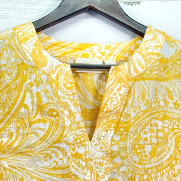 Chicos Linen Tunic Top Yellow White Paisley Print Sequins V Neck‎ Size 3/US 16 - Picture 2 of 14